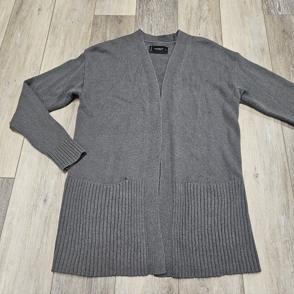 Lucky Brand Grey Open Front Cardigan Long Line With Pockets Women's Medium